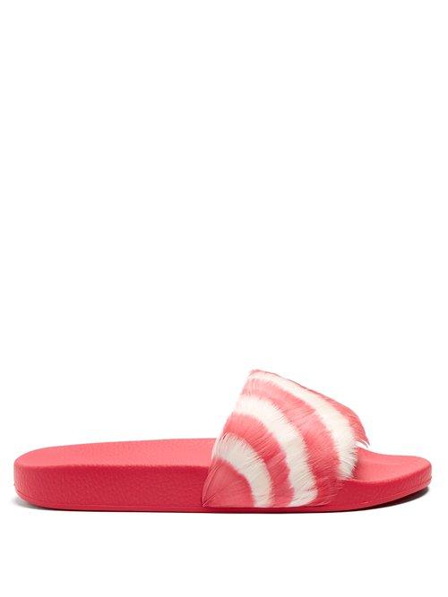Matchesfashion.com Valentino - Striped Feather Embellished Slides - Womens - Pink White