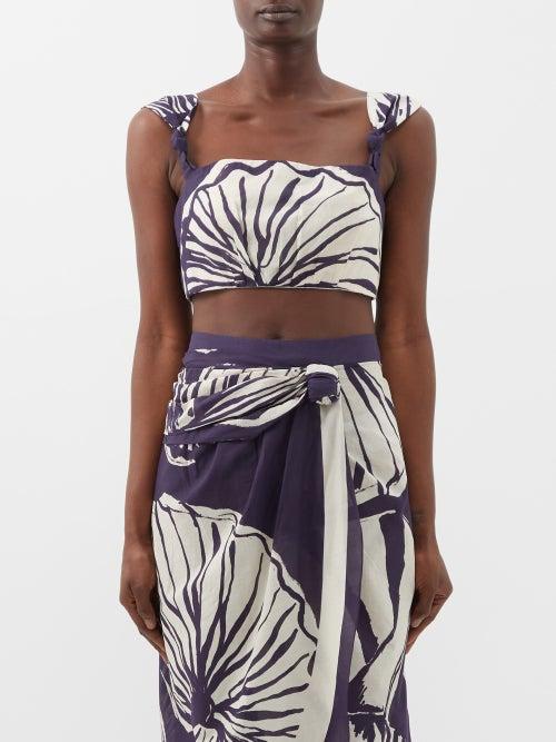 Johanna Ortiz - Into Nature Shell-print Cotton-voile Cropped Top - Womens - Navy White