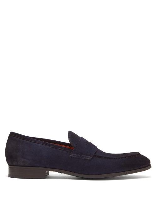 Matchesfashion.com Santoni - Suede Penny Loafers - Mens - Navy