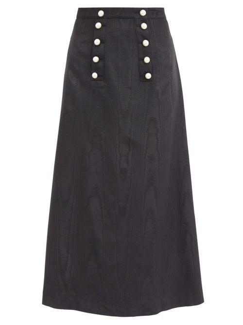 Matchesfashion.com Batsheva - Suffrage Faux-pearl Button Moir Midi Skirt - Womens - Black