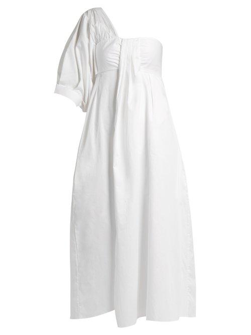 Matchesfashion.com Teija - One Shoulder Pleated Cotton Poplin Midi Dress - Womens - White