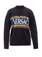 Mens Rtw Versace - Logo-intarsia Cotton-blend Sweater - Mens - Navy