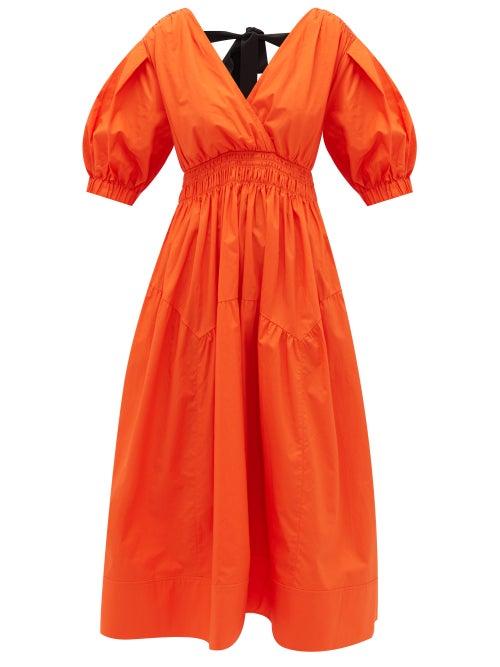 Matchesfashion.com Self-portrait - Tie-back Tiered V-neck Cotton Midi Dress - Womens - Orange