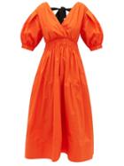 Matchesfashion.com Self-portrait - Tie-back Tiered V-neck Cotton Midi Dress - Womens - Orange
