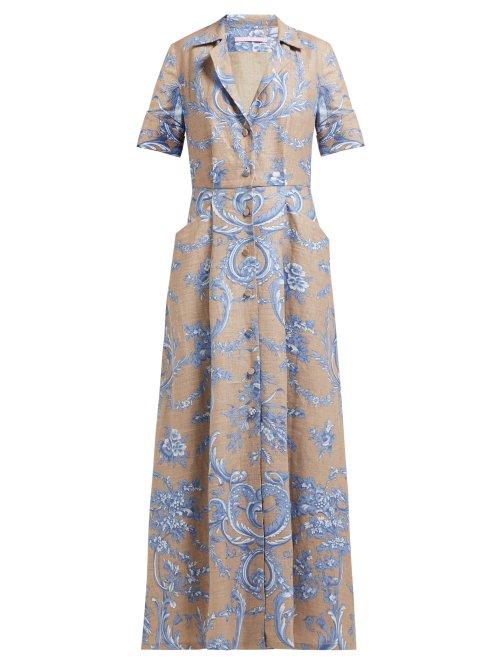 Matchesfashion.com Marta Ferri - Floral Print Pleated Linen Maxi Dress - Womens - Blue Multi