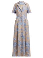 Matchesfashion.com Marta Ferri - Floral Print Pleated Linen Maxi Dress - Womens - Blue Multi