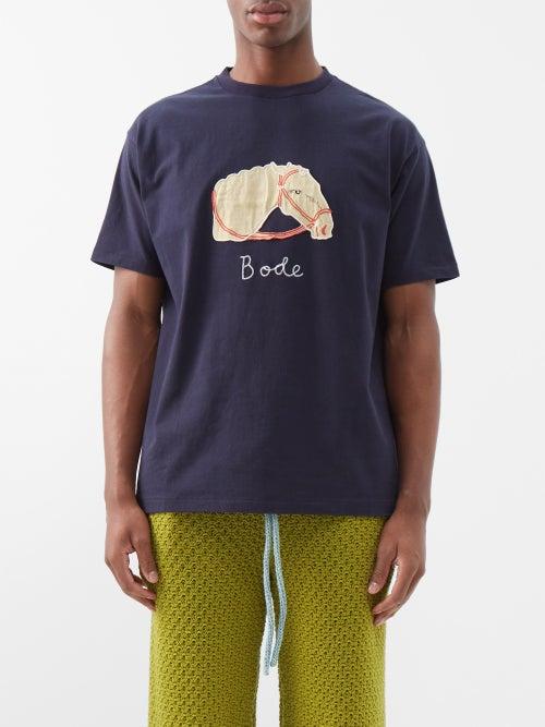 Bode - Pony-appliqu Cotton-jersey T-shirt - Mens - Blue Navy