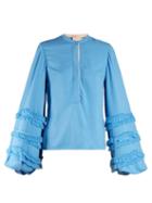 Matchesfashion.com Roksanda - Abeni Frayed Detail Balloon Sleeved Crepe Blouse - Womens - Blue