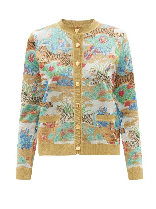 Gucci - Metallic Tiger-jacquard Cardigan - Womens - Green Multi
