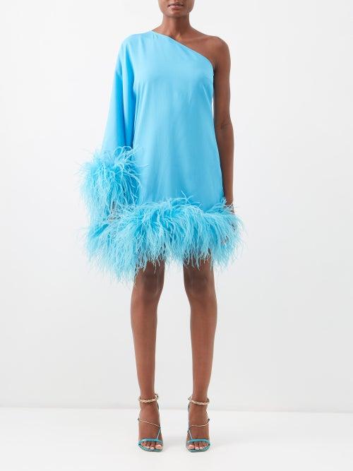 Taller Marmo - Piccolo Ubud Feather-trim Asymmetric Crepe Dress - Womens - Blue