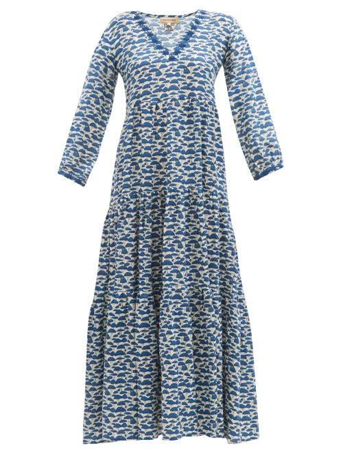 Muzungu Sisters - Frangipani Tiered Linen Maxi Dress - Womens - Blue Print