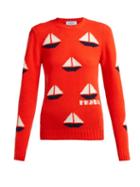 Matchesfashion.com Prada - Sailboat Intarsia Wool Blend Sweater - Womens - Orange Multi
