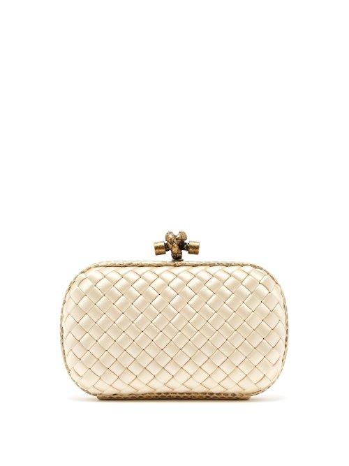 Matchesfashion.com Bottega Veneta - Knot Satin And Watersnake Clutch - Womens - Beige