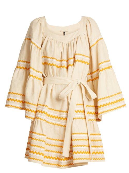 Matchesfashion.com Lisa Marie Fernandez - Ric Rac Trimmed Ruffled Linen Dress - Womens - Beige Multi