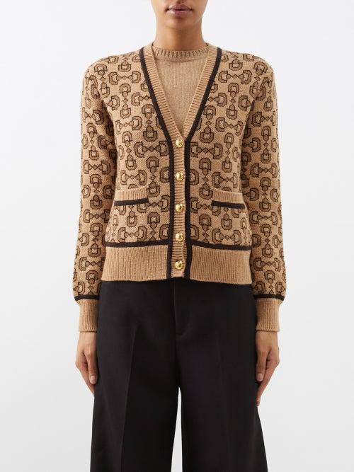 Gucci - Horsebit-chain Jacquard Wool-blend Cardigan - Womens - Brown Multi