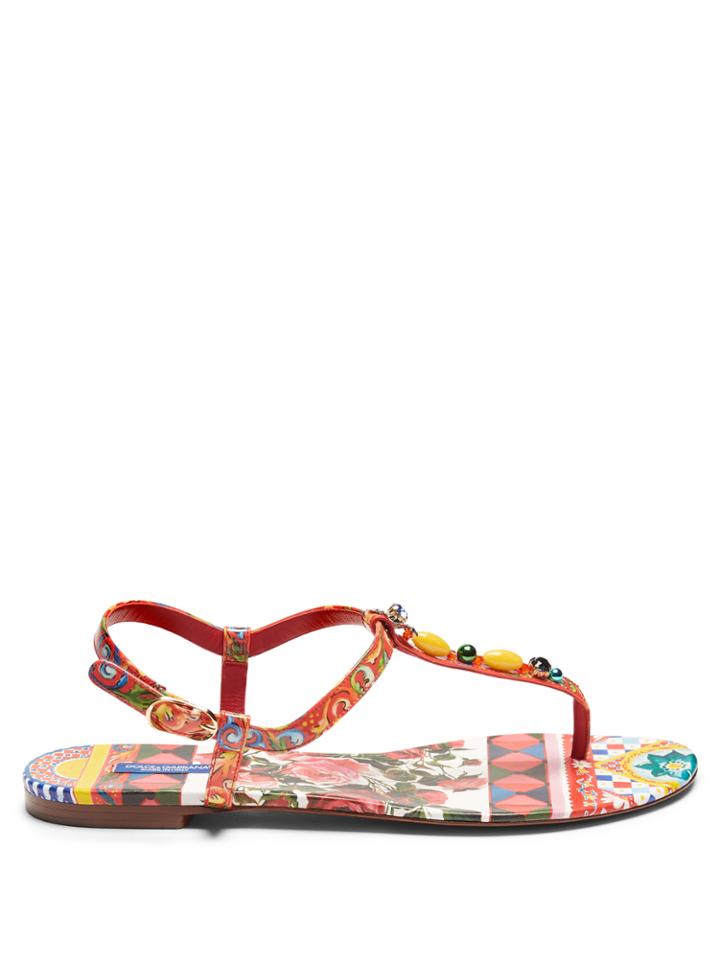 Dolce & Gabbana Majolica-print T-bar Leather Sandals