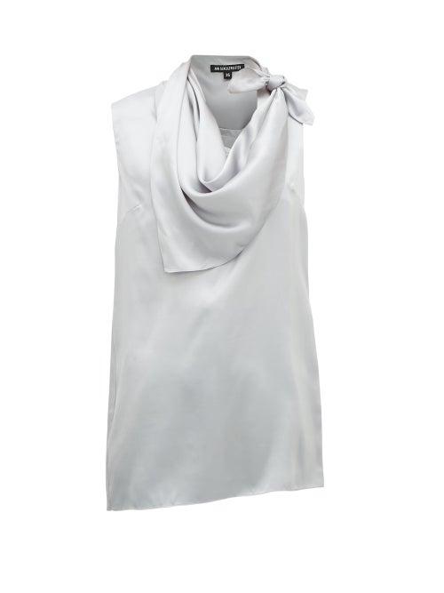 Matchesfashion.com Ann Demeulemeester - Knotted Handkerchief-neck Silk-satin Top - Womens - Light Blue