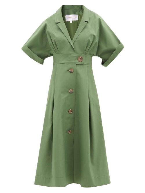 Ladies Rtw Carolina Herrera - Notched-lapel Cotton-blend Midi Dress - Womens - Olive Green