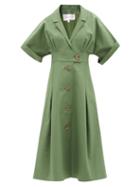 Ladies Rtw Carolina Herrera - Notched-lapel Cotton-blend Midi Dress - Womens - Olive Green