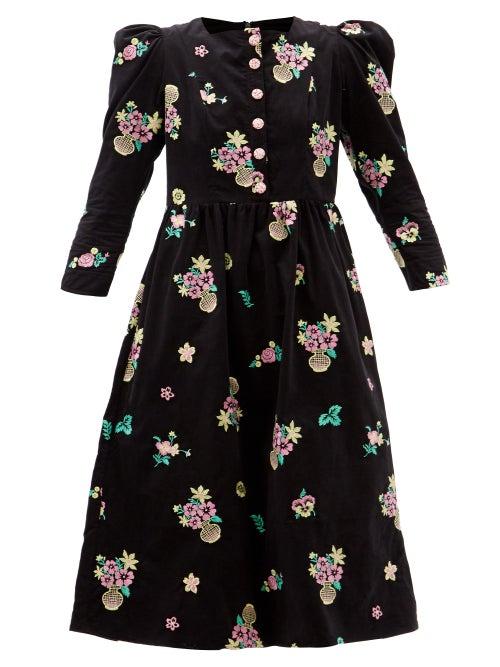 Matchesfashion.com Batsheva - Floral-embroidered Cotton-corduroy Midi Dress - Womens - Black