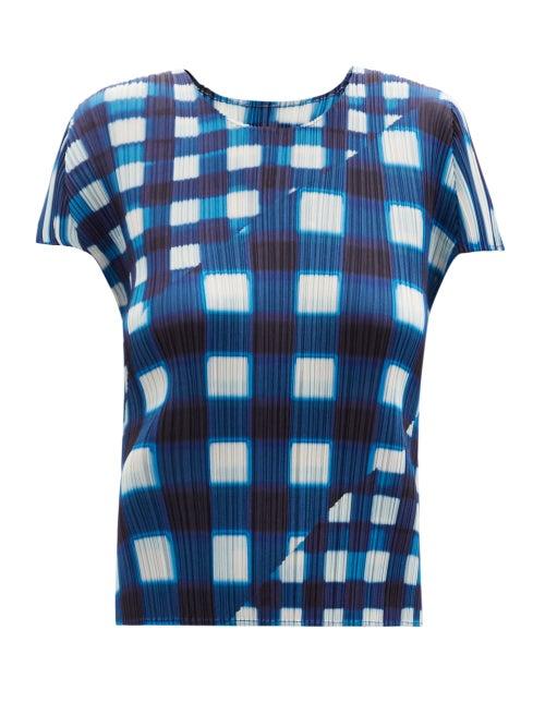 Ladies Rtw Pleats Please Issey Miyake - Shibori-check Technical-pleated T-shirt - Womens - Blue White