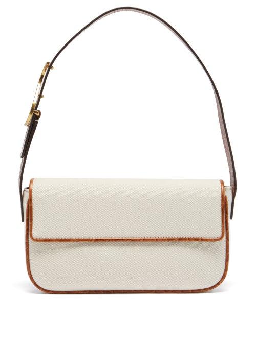 Ladies Bags Staud - Tommy Leather-trimmed Canvas Shoulder Bag - Womens - Beige Multi