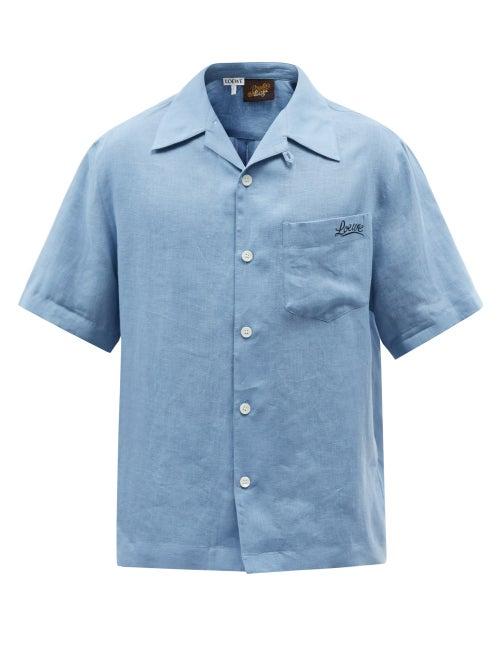 Loewe Paula's Ibiza - Logo-embroidered Linen-blend Short-sleeved Shirt - Mens - Blue