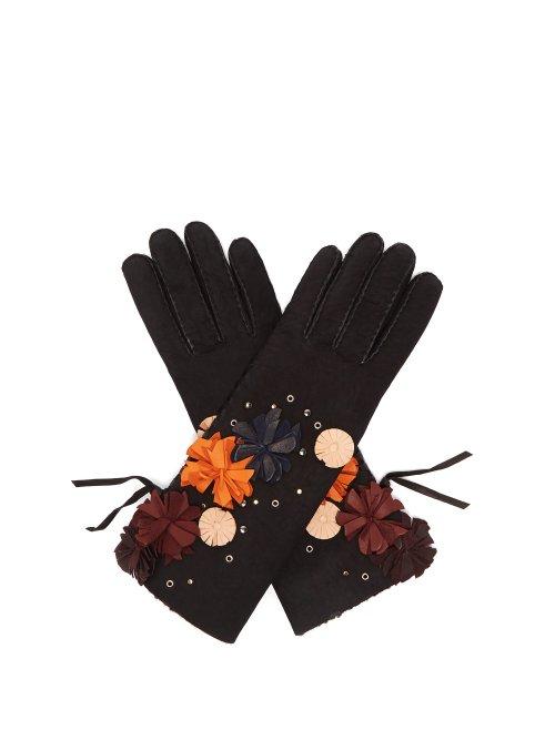 Matchesfashion.com Agnelle - Floral Appliqu Suede Gloves - Womens - Black