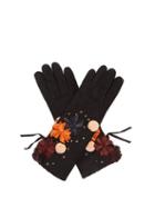 Matchesfashion.com Agnelle - Floral Appliqu Suede Gloves - Womens - Black