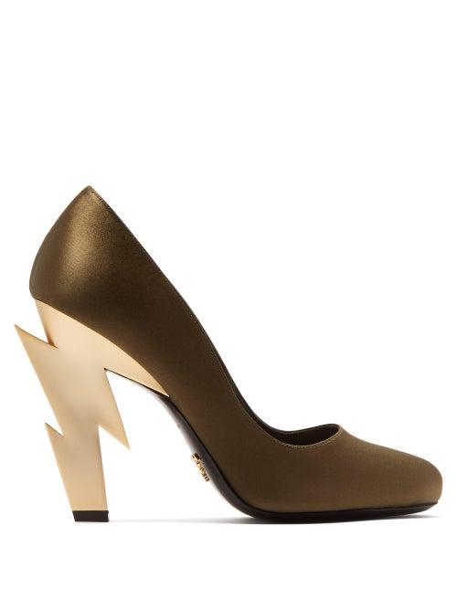 Matchesfashion.com Prada - Lightning Bolt Heel Satin Pumps - Womens - Khaki