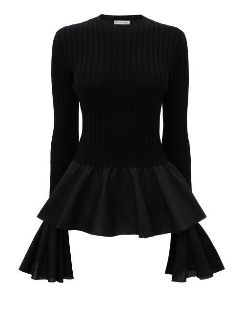 Jw Anderson - Fluted-hem Ribbed Merino-wool Top - Womens - Black