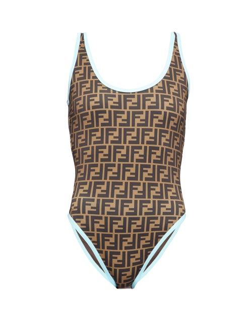 Matchesfashion.com Fendi - Contrast-trim Ff-logo Swimsuit - Womens - Light Blue