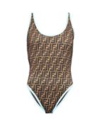Matchesfashion.com Fendi - Contrast-trim Ff-logo Swimsuit - Womens - Light Blue