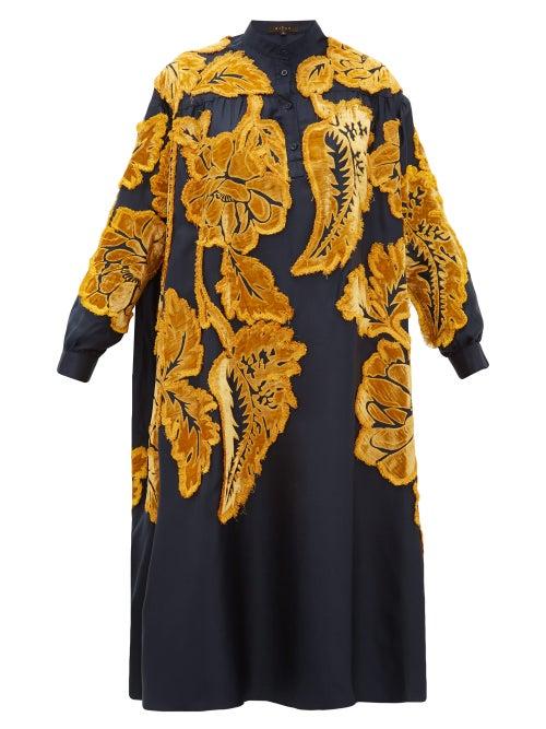 Matchesfashion.com Biyan - Liga Floral Velvet Appliqu Silk Satin Dress - Womens - Navy Multi