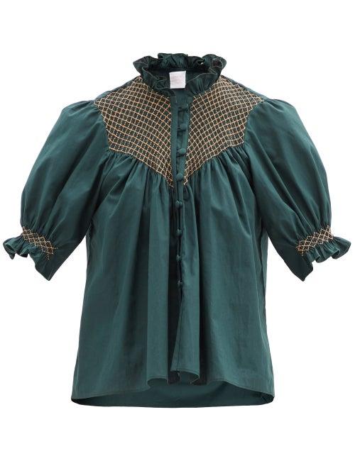 Matchesfashion.com Loretta Caponi - Milvia Smocked Cotton Blouse - Womens - Dark Green
