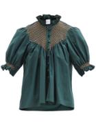 Matchesfashion.com Loretta Caponi - Milvia Smocked Cotton Blouse - Womens - Dark Green
