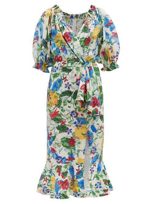 Matchesfashion.com Saloni - Olivia Floral Print Silk Crepe De Chine Midi Dress - Womens - White Multi