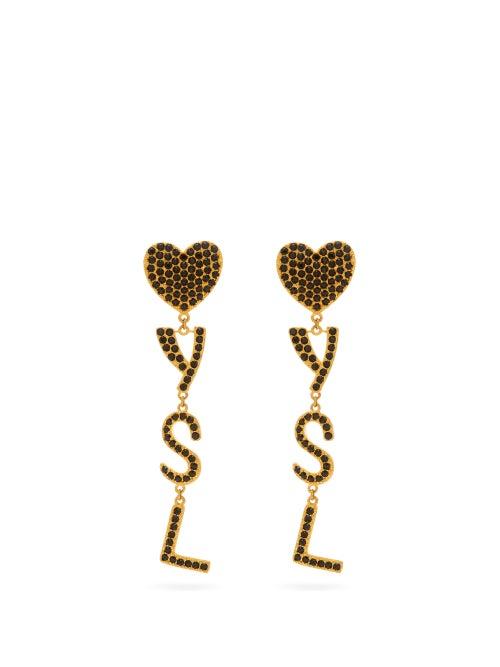 Matchesfashion.com Saint Laurent - Ysl Crystal Heart Drop Clip Earrings - Womens - Gold