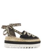 Matchesfashion.com Stella Mccartney - Gaia Logo-woven Canvas Flatform Espadrilles - Womens - Black Beige