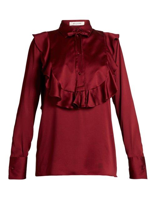 Matchesfashion.com Valentino - Ruffled Bib Satin Blouse - Womens - Burgundy