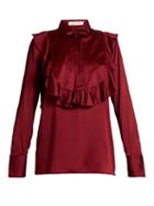 Matchesfashion.com Valentino - Ruffled Bib Satin Blouse - Womens - Burgundy