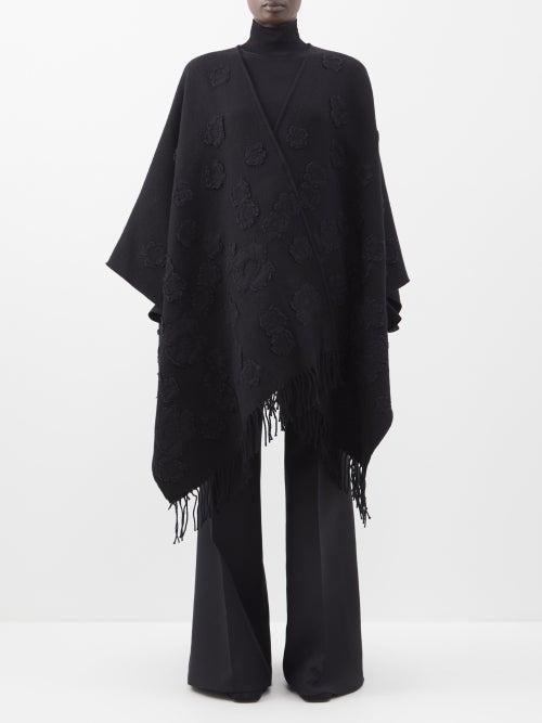 Valentino - Floral-appliqu Fringed Wool-blend Poncho - Womens - Black