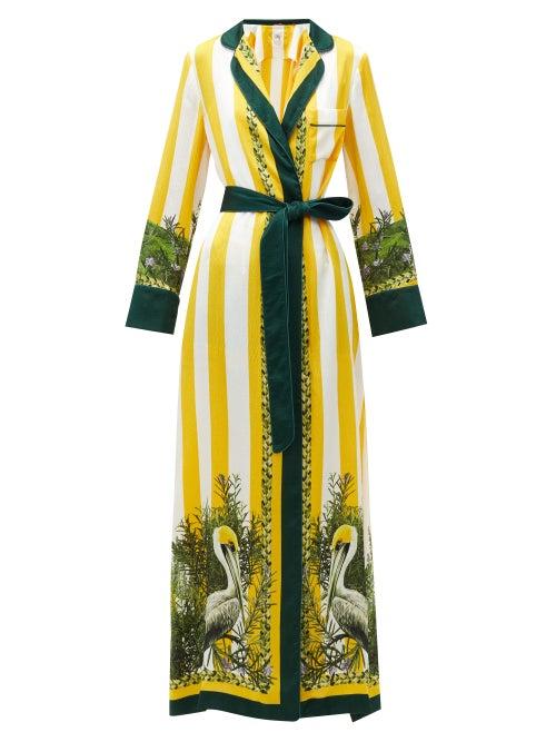 Matchesfashion.com Issimo X F.r.s. For Restless Sleepers - Roda Striped Pelican-print Belted Silk Maxi Dress - Womens - Yellow Multi