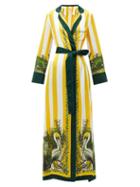 Matchesfashion.com Issimo X F.r.s. For Restless Sleepers - Roda Striped Pelican-print Belted Silk Maxi Dress - Womens - Yellow Multi
