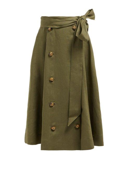 Matchesfashion.com Lisa Marie Fernandez - Diana Belted Linen Midi Skirt - Womens - Khaki