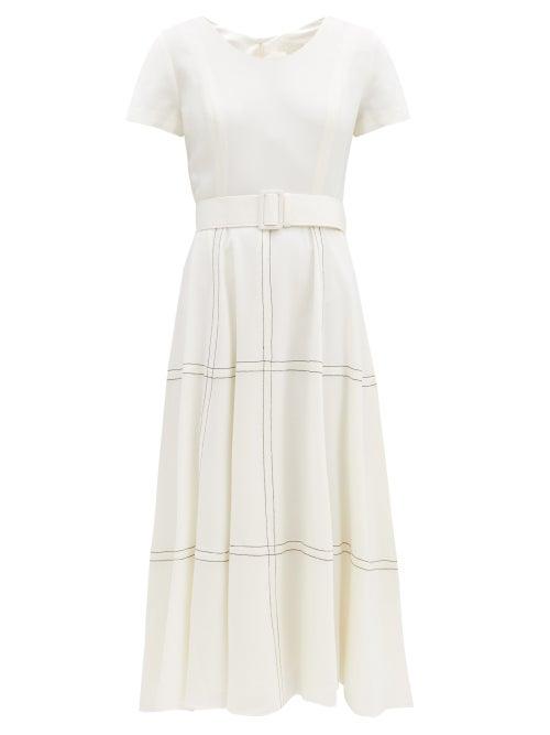 Matchesfashion.com Goat - Kelly Belted Topstitched Wool Midi Dress - Womens - White