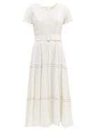 Matchesfashion.com Goat - Kelly Belted Topstitched Wool Midi Dress - Womens - White