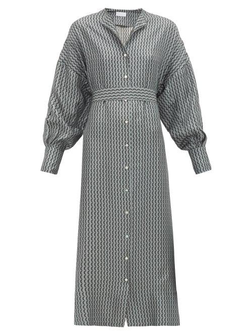 Matchesfashion.com Asceno - Rome Crescent-print Belted Silk Shirt Dress - Womens - Grey Multi
