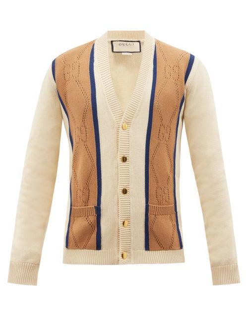 Gucci - Gg-rhombus Eyeletted Cotton Cardigan - Mens - Brown Multi