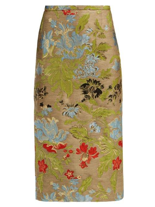 Matchesfashion.com Rochas - Ononi High Rise Floral Brocade Pencil Skirt - Womens - Green Multi